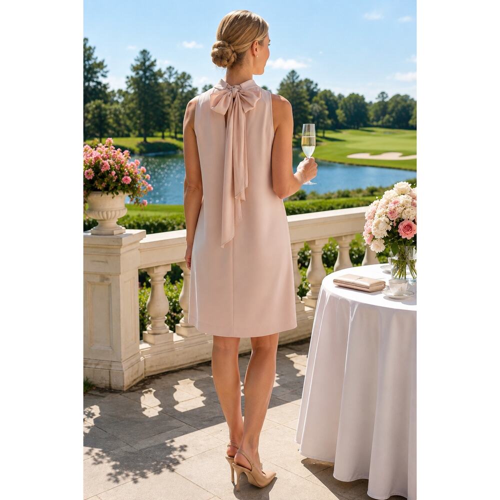 Theory Admiral Crepe Silk Bow Back Shift Dress Blush Pink Bridal Shower Wedding